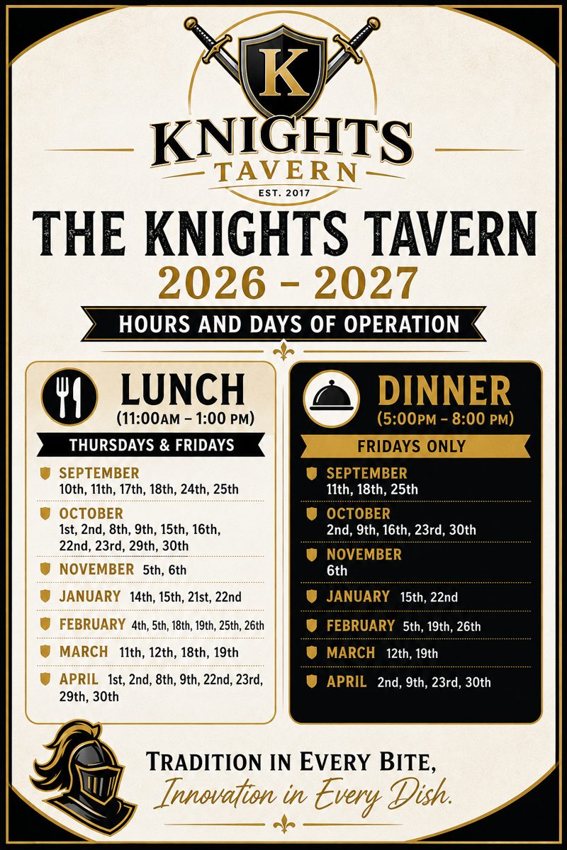 Printed poster listing The Knights Tavern 2026 to 2027 lunch and dinner service dates
